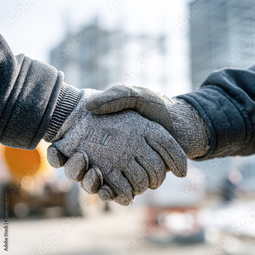 Two people wearing work gloves shake hands at a construction site, symbolizing teamwork and partnership.