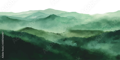 Photography Layers of green mountains disappearing into misty valleys, creating an atmospher