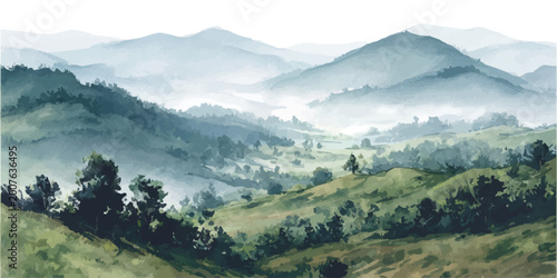 Canvas Print Watercolor painting depicting a tranquil mountain landscape with rolling green h