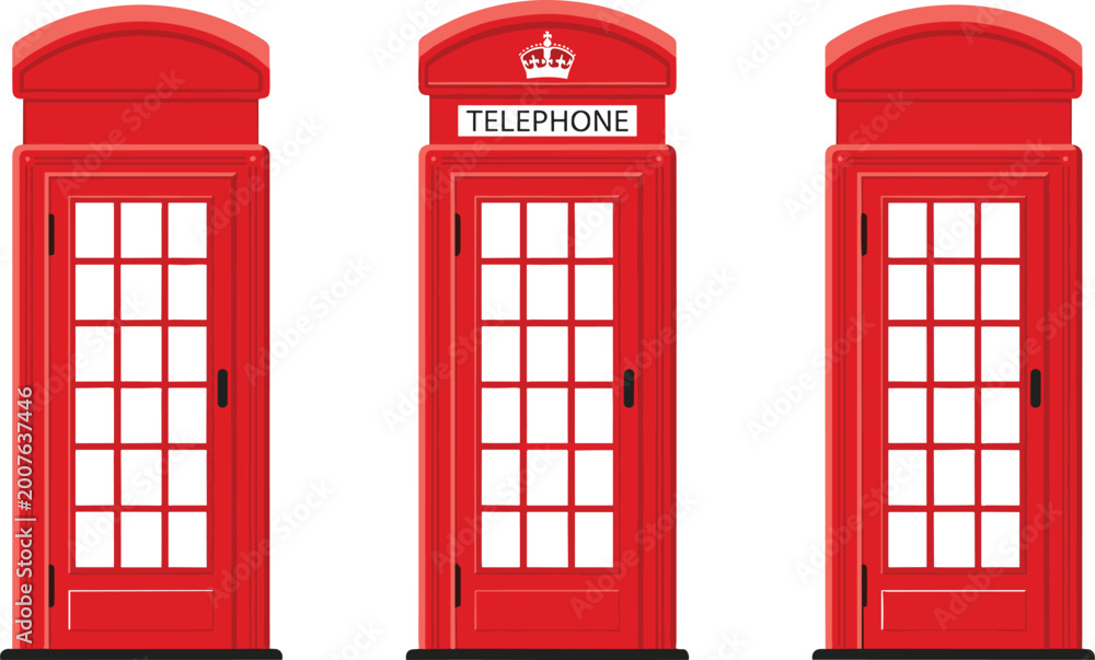 Obraz premium British Red Telephone Boxes – Three Classic Phone Booth Designs with Traditional Architecture Details