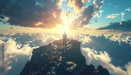 Silhouette of a person walking toward bright sunlight, high above puffy clouds