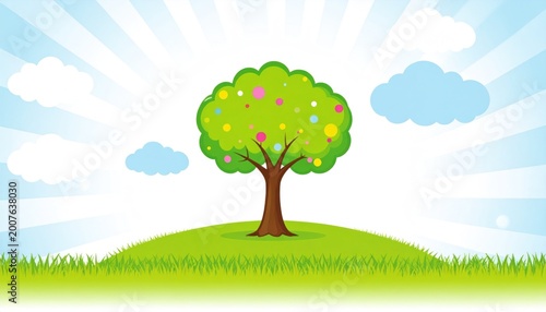 Cartoon illustration of a cheerful green tree on a hill under a sunny, light blue sky with clouds