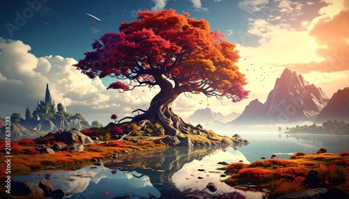 Digital fantasy scene vibrant autumn tree by tranquil lake, mountains, sky, castle in the distance