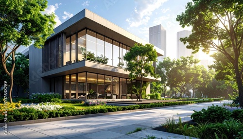 Modern two-story building with glass facade, trees, and cityscape backdrop