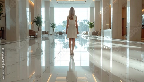 Woman in white dress walks toward large windows in a bright, modern, spacious hall