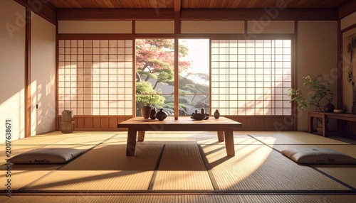 Serene Japanese interior features a low table, tatami mats, and garden view
