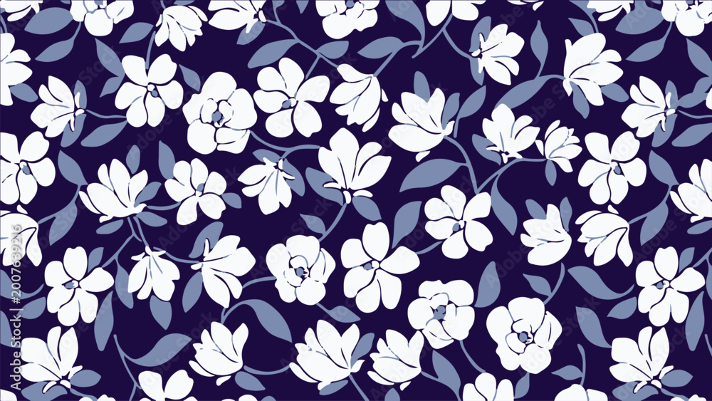 Obraz premium Flowers bloom on a dark blue background with leaves.