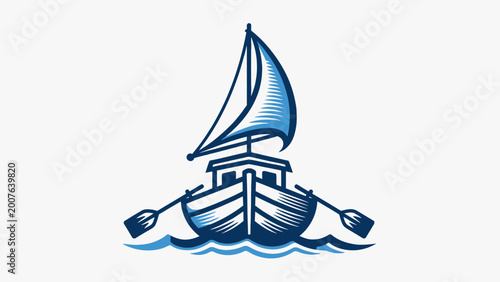 Stylized blue boat with a sail and oars floating on water, depicted in a classic emblem style.