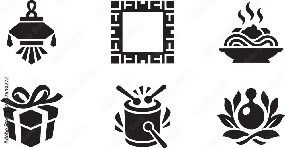 Fototapeta premium Cultural Celebration and Lifestyle Icon Set with Decorative Lantern Gift Box and Traditional Drum Symbols