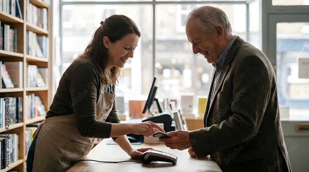 Fototapeta premium seller helping elderly customer pay digitally