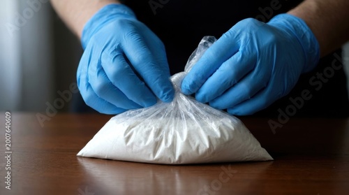 Cuadro en lienzo Close-up of hands wearing blue nitrile gloves, carefully sealing a clear plastic bag filled with a white powdery substance