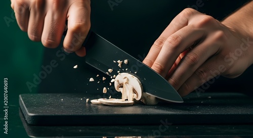 Chef slicing fresh mushroom on black cutting board.