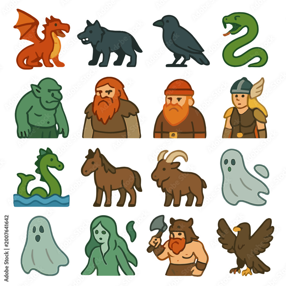 Fototapeta premium Collection of fantasy creatures and mythical beings in a cartoon style