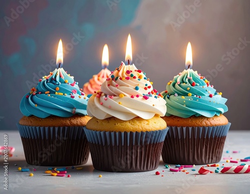 Five frosted cupcakes with lit candles & sprinkles