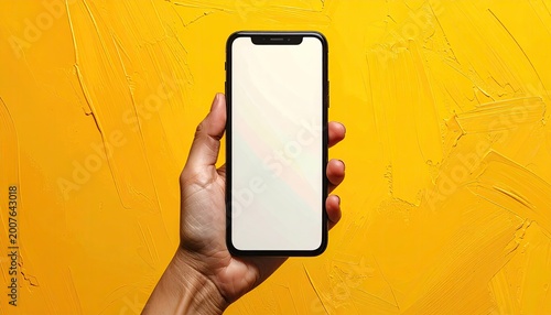 Hand holding blank phone, yellow textured backdrop
