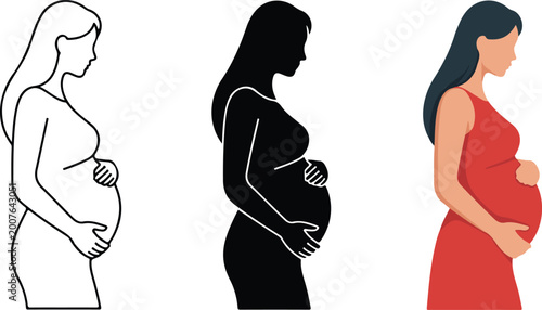 Fotografie Set of pregnant woman silhouettes and colored icons in flat design for motherhood, pregnancy healthcare, and prenatal wellness illustrations
