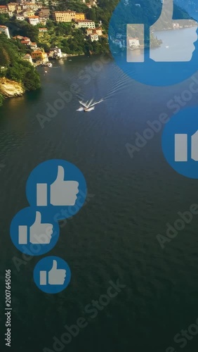 Vertical video: Drone start boat heading to docks, thumbs-up icons growing, showing approval
