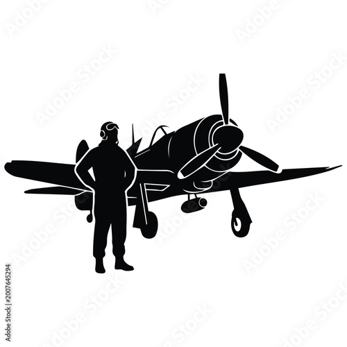 Photos Pilot and airplane silhouette in vector illustration, representing aviation and flight