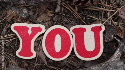 You wooden letters on forest floor close up. Perfect for themes of love, self-care, or personal messages in nature settings.