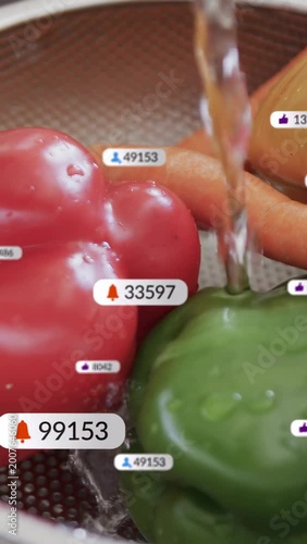 Vertical video: Faucet pouring rinsing veg while hand nudging UI badges rising showing likes