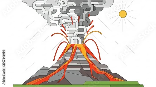 Erupting volcano with smoke and lava.