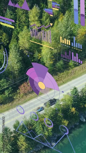 Vertical video: On start graphics appearing and rotating over forest road, showing traffic data