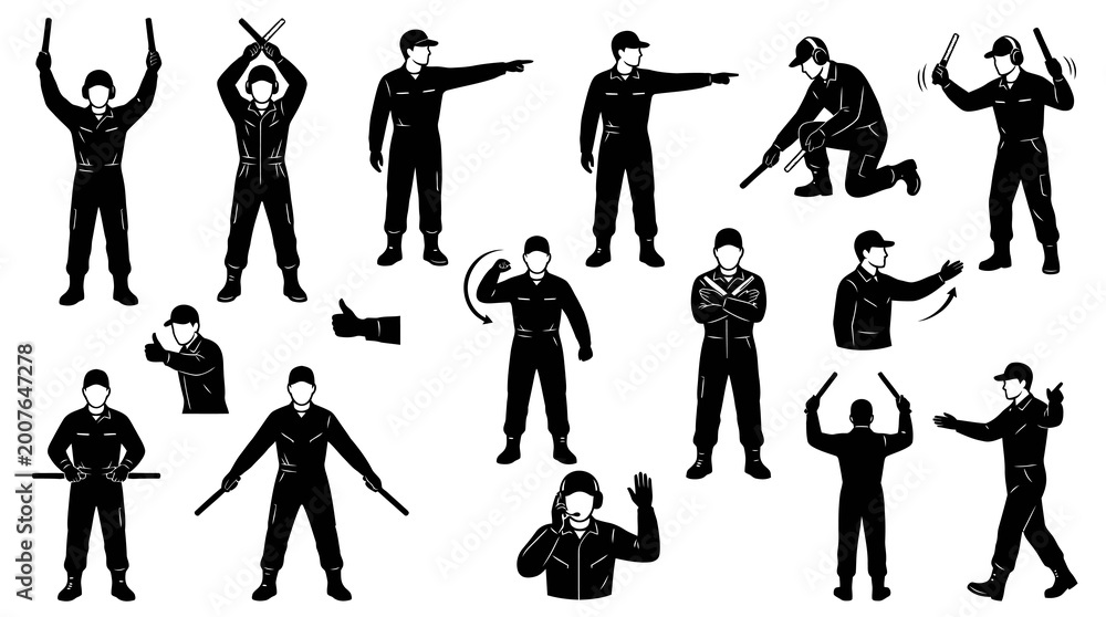 Fototapeta premium Airport Marshaller Hand Signals Vector Icons, Aviation Ground Crew Silhouettes, Black and White Glyph Style