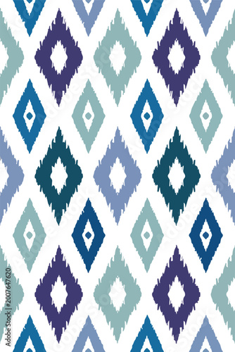 Seamless Geometric Diamond Pattern in Blue and Purple Ikat Style Design. Abstract Tribal Diamond Pattern Background with Boho Ethnic Style. Seamless Ikat Pattern with Geometric Diamonds in Cool Blue 