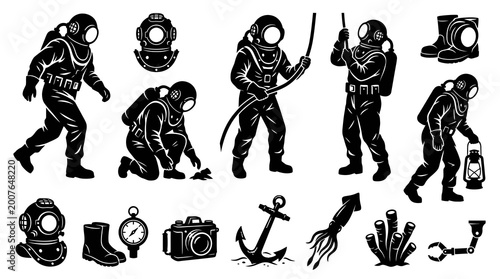 Underwater Diving and Marine Exploration Black  White Silhouette Vector Icons Set with Divers  Equipment
