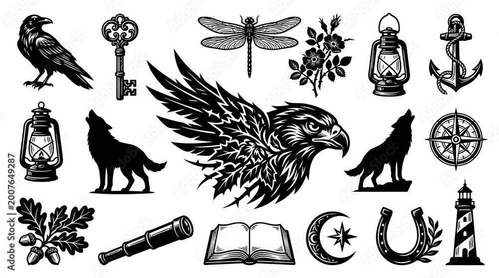 Fototapeta premium Black White Line Art Vintage Symbols: Eagle, Wolf, Raven, Compass, Anchor, Lighthouse, Book