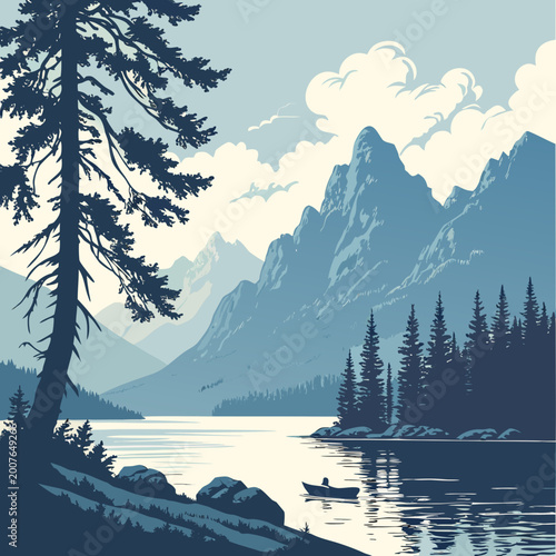 Foto Vector illustration of a mountain lake with boat and lone pine tree, clear water