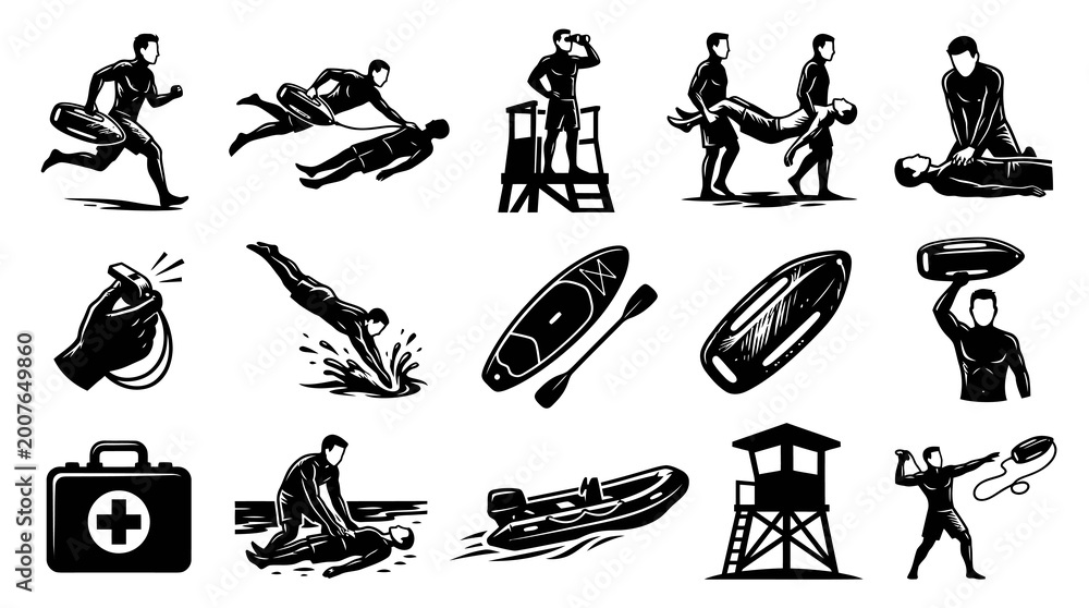 Obraz premium Lifesaving and Water Rescue Black and White Glyph Vector Icons Set for Beach Safety and First Aid