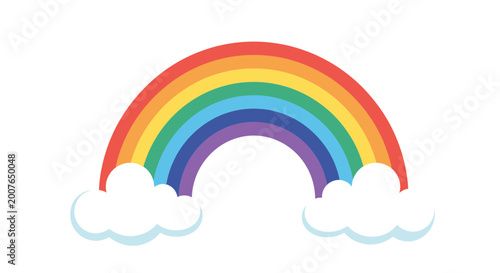 Colorful rainbow with white fluffy clouds vector illustration