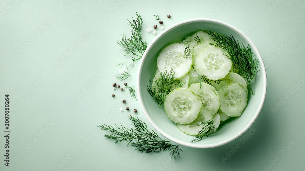 Obraz premium Cucumber dill salad placed on pastel green background with monochromatic styling, subtle tonal differences creating depth without strong contrast