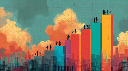 People climbing a colorful bar chart with futuristic city skylines in the background, showcasing progress and business development