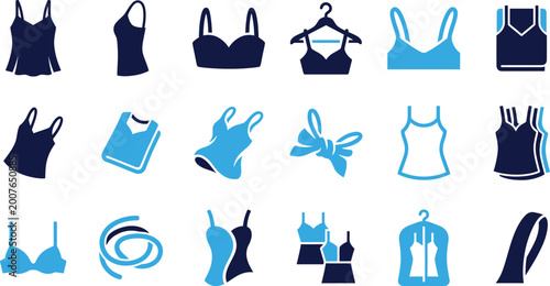 Foto Set of blue and dark blue lingerie icons for women including bras camisoles and hangers on white background