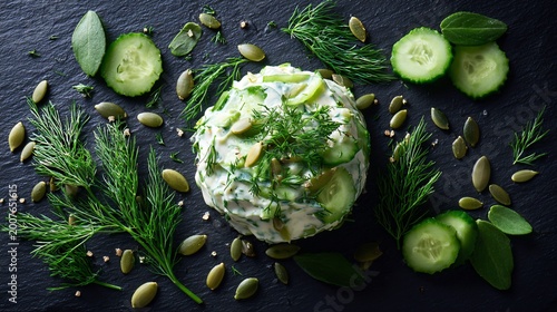 Cucumber dill salad surrounded by scattered dill leaves and cucumber seeds on a dark slate background, top-down composition with natural randomness