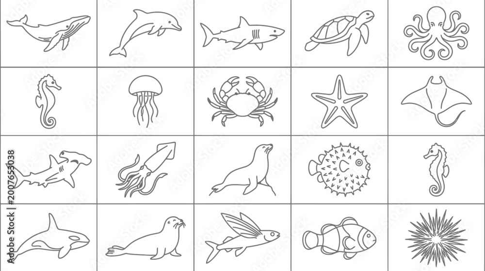 Fototapeta premium Diverse Collection of Marine Animal Silhouette Icons A Comprehensive Set of Underwater Wildlife Line Art for Aquatic Themed Designs and Educational Content