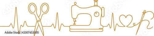 Tableau sur toile Sewing Heartbeat Line Art with Sewing Machine Scissors Needle and Heart Craft Il