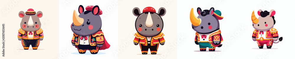 Naklejka premium cute rhino vector in spanish matador costume