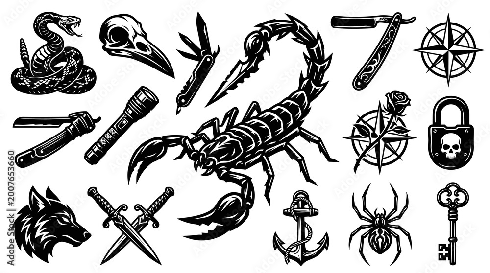 Fototapeta premium Black and White Vintage Tattoo Style Vector Art Collection: Engraved Illustrations of Wildlife, Tools, and Mystical Symbols for Design Elements.