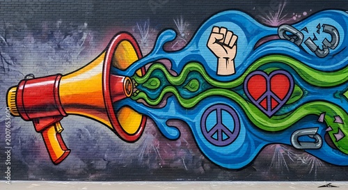 Graffiti Megaphone Broadcasting Peace, Love, and Justice Symbols