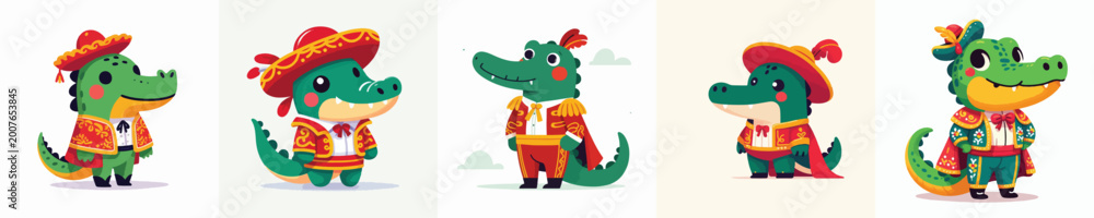 Obraz premium cute crocodile vector in spanish matador costume
