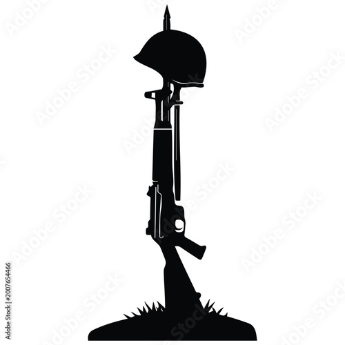 Photography Soldier memorial rifle and helmet silhouette vector illustration for wartime remembrance