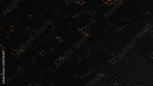 Black hexagon gold background dark honeycomb tiles, subtle metallic outlines, premium geometric depth. for technology videos, luxury intros, corporate slides, cyber themes, and modern overlays.