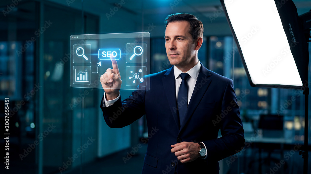 Obraz premium SEO search optimization, a businessman interacting with a futuristic transparent screen, digital marketing strategy, online visibility and web traffic growth, modern technology in business