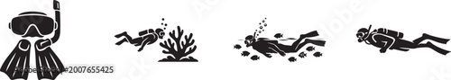 Scuba diving and snorkeling icon set with swimmer underwater adventure and marine sea life.