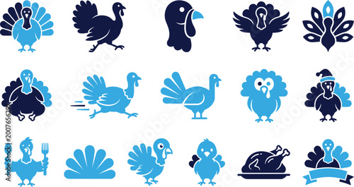 Various turkey icons, cooked bird, Thanksgiving symbols, and poultry illustrations.