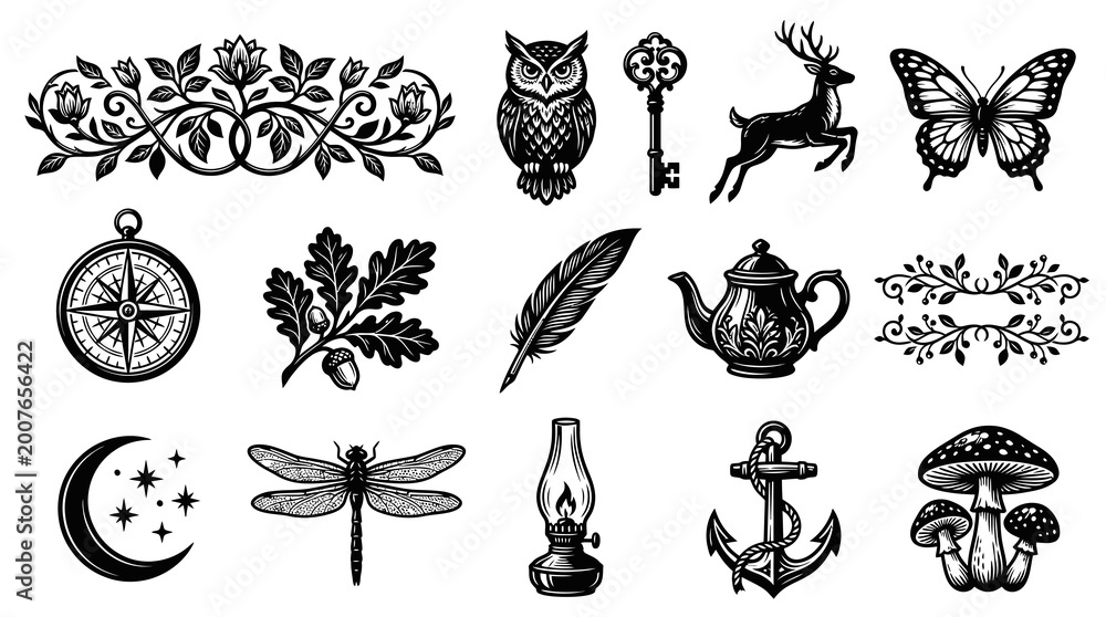 Obraz premium Vintage Nature and Fantasy Elements Collection. Detailed Black and White Engraving Style Line Art.
