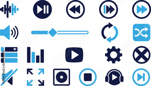 Foto Audio and video player icons set with play, pause, stop, volume, and settings symbols isolated on white